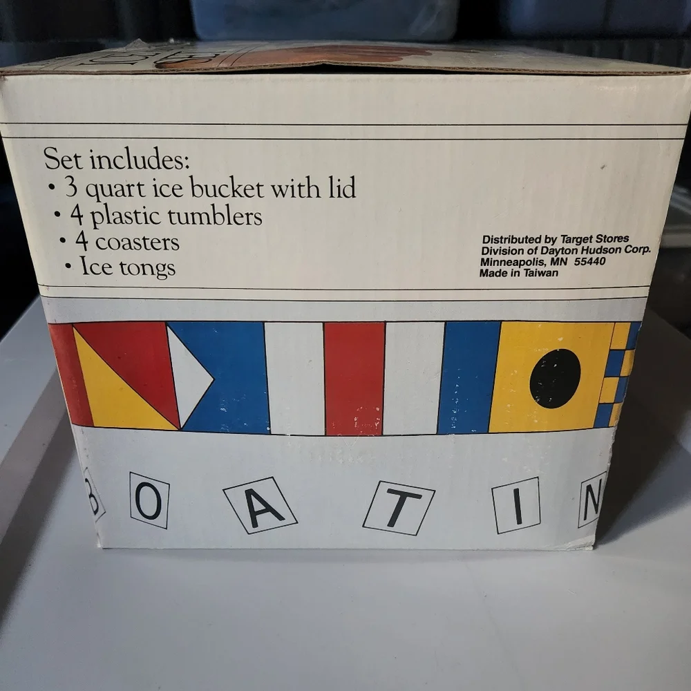Vintage NEW In Box Nautical Boating 10 Piece Ice Bucket and Acrylic Glass Set